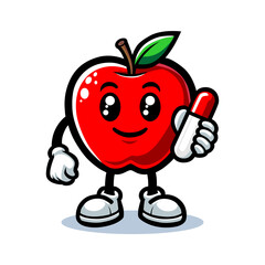 Smiling Red Apple Character with a Capsule, Holding a Thumb Up
