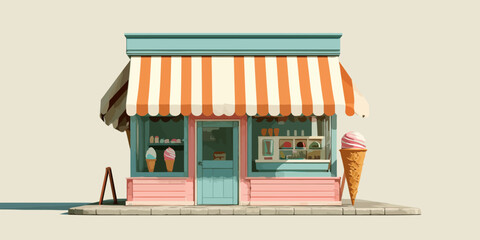 A charming pastel ice cream shop with a striped orange and white awning and a large cone prop.