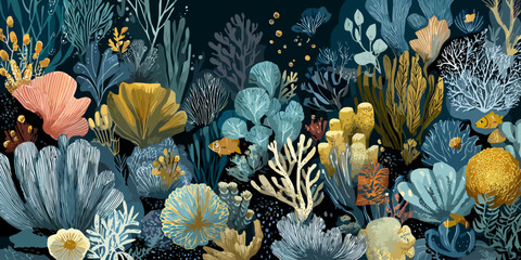Lush, Stylized Coral Reef Illustration with Vibrant Marine Life in Hues of Blue, Yellow, and Orange.