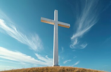Massive white cross against a deep blue sky with wispy clouds. This iconic religious symbol stands on a hill with dry grass. Its radiant presence conveys faith, hope, and spirituality.