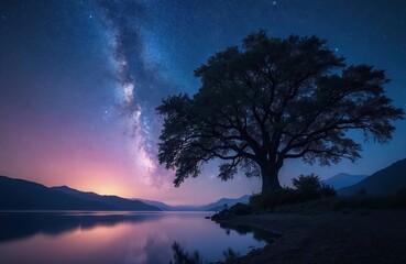 Fototapeta premium Magical starry night features vast Milky Way galaxy stretching across deep blue sky with falling stars. Large silhouetted tree stands on river bank, reflected in calm water beside mountain