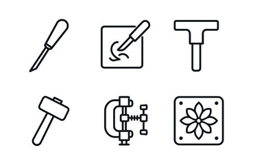 vector outline icons silversmith (engraving work): chisel metal plate bench pin mallet vice design template.