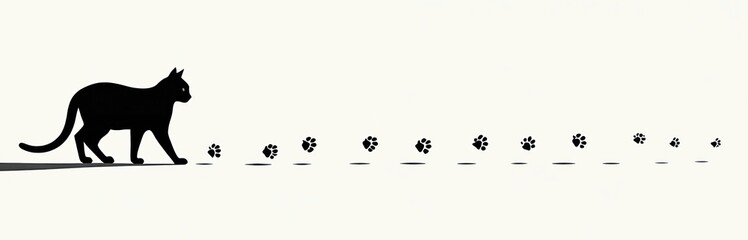 Obraz premium Black cat silhouette walking, leaving paw prints behind on white background. Simple line art style, minimalist design element for pet themes, digital art.
