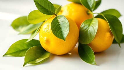Fresh lemon with green leaves on a white surface, showcasing natural beauty and simplicity.