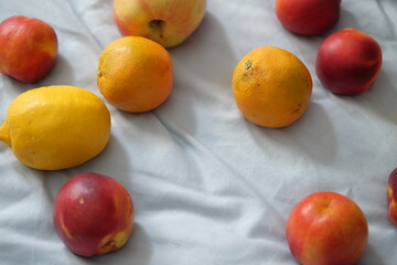 Fresh fruits on soft blue fabric background