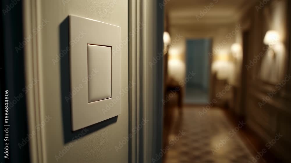 Poster sharp focus on a smart light switch panel on a wall controlling ambient lighting in a dimly lit room