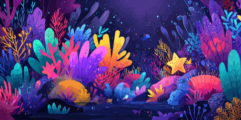 Stylized deep-sea coral reef illustration with vibrant, glowing neon colors and diverse marine flora.