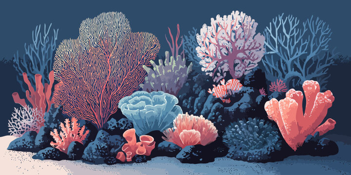Stylized illustration of a vibrant coral reef garden with diverse, colorful sea life.