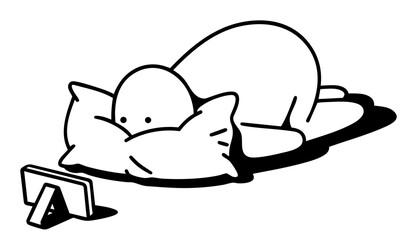 Abstract human figure lying face down with head on pillow staring at smartphone screen, apathy, loneliness, digital burnout, emotional fatigue, escapism, seeking empty comfort through technology