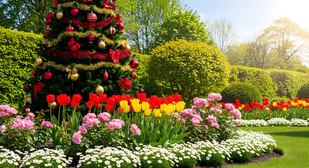 Festive holiday cheer: A Christmas tree in full bloom surrounded by vibrant spring flowers