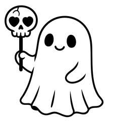 Cute ghost holding candy skull lollipop with cracked head and heart shaped eyes, sweet spooky halloween character illustration