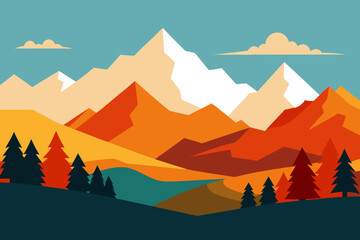 Geometric mountain landscape with trees and lake in autumn colors