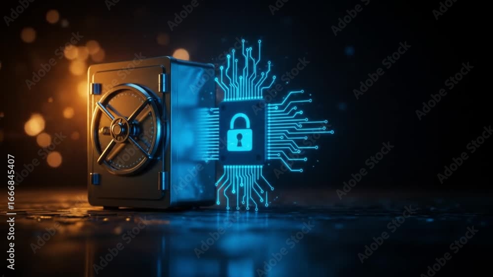 Poster cyber security video showing digital lock connecting to vault for data protection technology