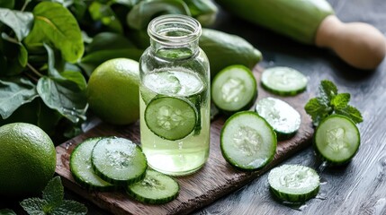 A glass jar filled with cucumber water, surrounded by fresh cucumber slices and lime slices, placed on a wooden cutting board with fresh mint leaves in the background.