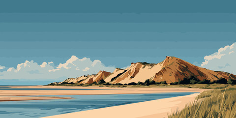 Vector art of a serene coastal landscape with large sand dunes, a wide beach, and calm blue water under a clear sky.