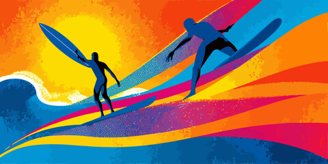 Stylized graphic illustration of two blue silhouette surfers riding vibrant, colorful waves.