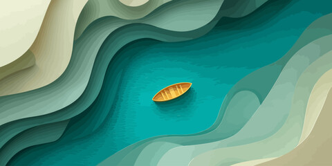 Top-down view of a lone yellow boat on a turquoise river in a stylized paper-cut canyon.