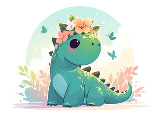 Cute Green Baby Dinosaur Illustration: Pink Flowers on Head, Butterflies Around, Faded Blue Body, Pastel Circle + White Background, Sparkling Curious Eyes (Face Focus), for Children's Books/Nursery De