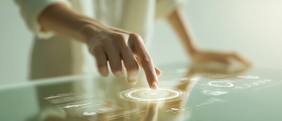 Professional businesswoman interacting with futuristic AI assistant interface for data-driven decisions modern tech innovation content for marketing and social media