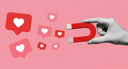 Hand holding a magnet attracting social media like icons for marketing success