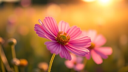Vibrant cosmos flower bathed in golden hour light, capturing nature's delicate beauty.