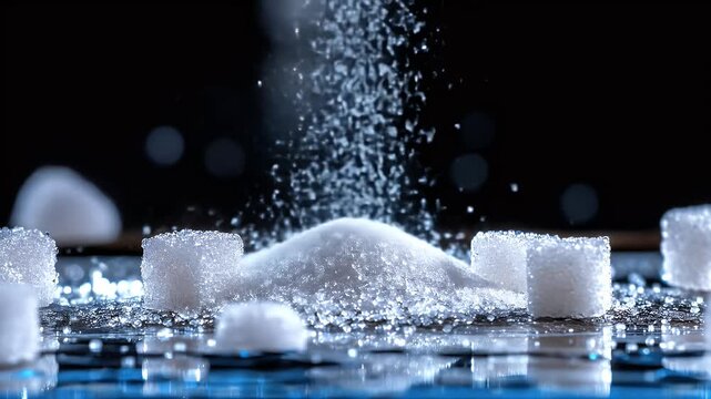 Ice cubes splashing and falling dramatic studio lighting cool texture frozen water cubes