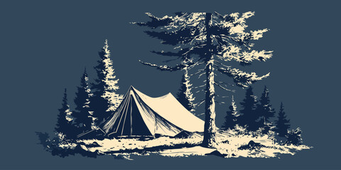 Stylized two-tone illustration of a canvas tent pitched in a dark pine forest.