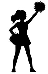 Cheerleader silhouette in high V pose also called punch up with one arm raised holding pom pom and the other on hip, leadership, team spirit, confidence, motivation, strength and celebration during ch