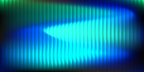 Abstract ripple glass texture gradient in blue and green neon light. Futuristic background with fluted vertical lines and vibrant blue green gradient