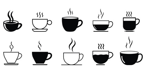 Modern coffee cup silhouettes and line vector icon. Cups of coffee tea symbol collection. Coffee cup  with steam. Caffe beverage coffee icon vector, illustration.