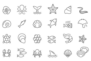 Simple set of sea food line icon set. Contains such Icons as crab, lobster, mussel, sushi, shrimp, oyster, squid, mussel and more. Seafood varieties collection. Vector illustration.