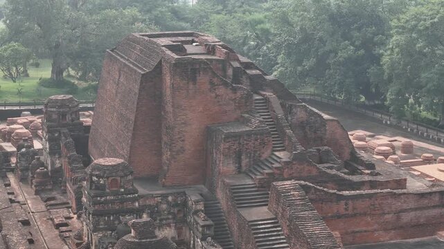 Aerial drone shot of the ancient ruins of Nalanda University in Bihar, India, UNESCO World Heritage Site and historic center of learning