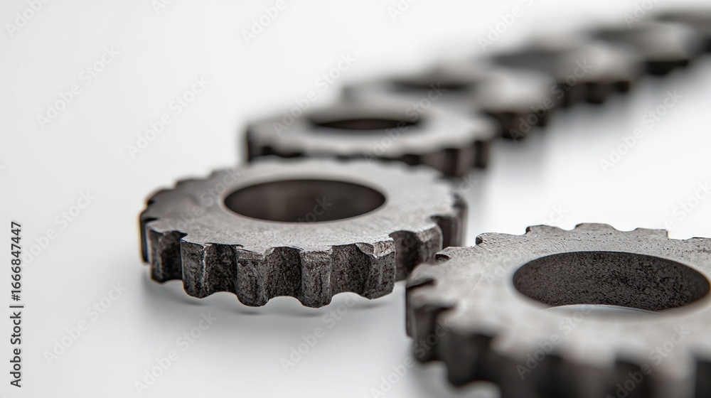 Poster a row of interlocking gears, with a focus on the intricate details of the metal components and the i