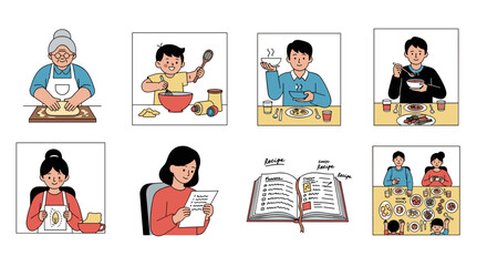 Obraz premium Illustrations depicting people cooking, eating, reading recipes, and enjoying meals together in various settings