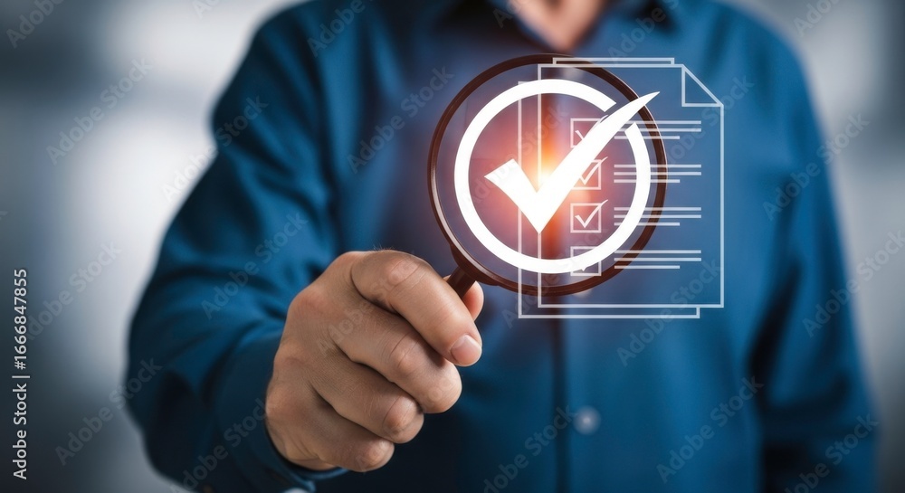 Poster man holding magnifying glass over checklist with checkmark in front of him
