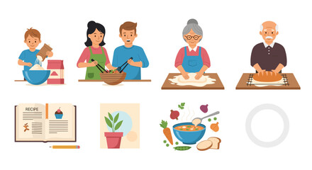 Illustration showing family members cooking and baking together with recipe book and soup bowl image