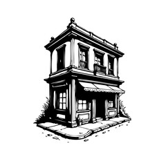 Detailed black and white line art illustration of a vintage two-story building evoking historical