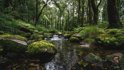 Obraz premium A tranquil stream meanders through a mossy forest