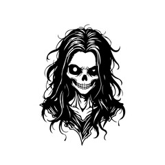 Eerie monochrome depiction of a skeletal female figure with long flowing hair and intense gaze