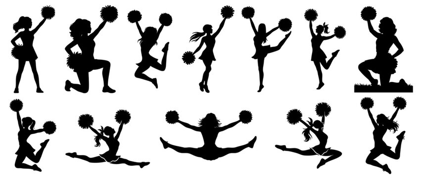 Set of cheerleader silhouettes with pom poms in dynamic dance and jump poses, symbol of energy, celebration, performance, teamwork, enthusiasm and the spirit of sports events and competitions