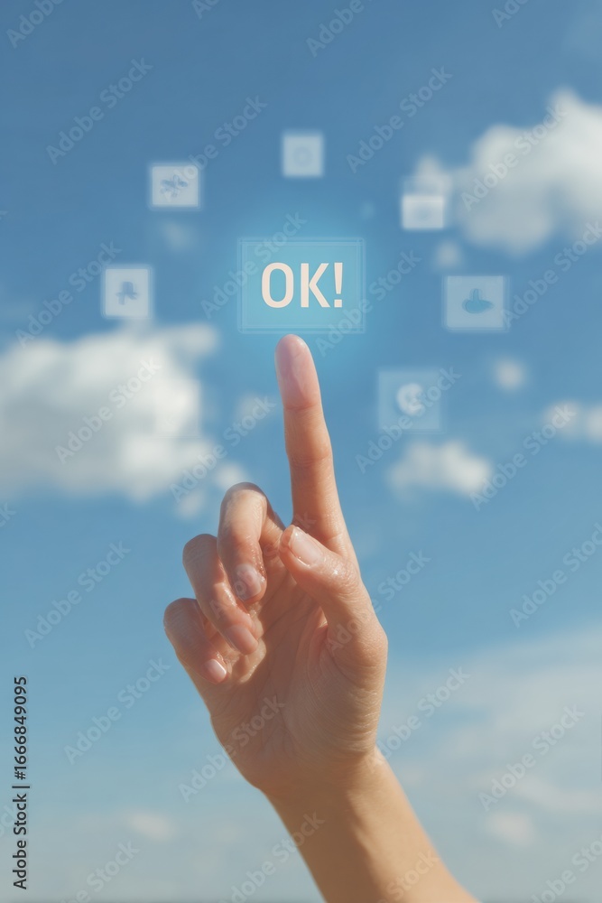 Poster professional business skill validation with virtual touchscreen ok button modern digital interaction