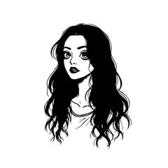 Elegant black and white portrait showcases a stylized woman with expressive eyes and flowing dark