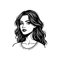 Elegant hand drawn portrait of a charming young woman with flowing dark hair creating artwork