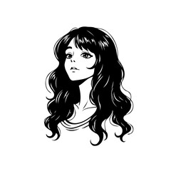 Elegant monochromatic portrait of a woman with flowing hair and contemplative gaze in illustrated