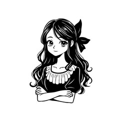 Elegant monochrome depiction of a stylish young woman embodying manga characteristics emphasizing