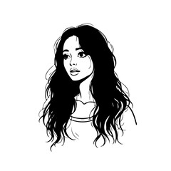 Elegant monochrome drawing depicting a young woman with flowing hair offering artistic