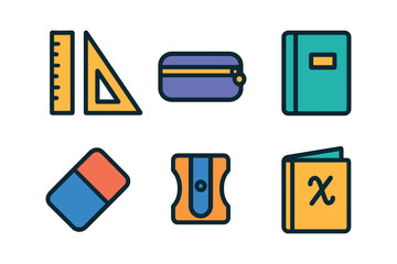 vector colorful filled icons ruler set (school kit): plastic rulers pen case notebooks eraser sharpener math book.