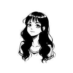 Elegant monochrome illustration of a charming young woman with flowing dark hair, exuding