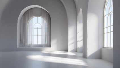 Empty, light-filled room with arched windows and soft light