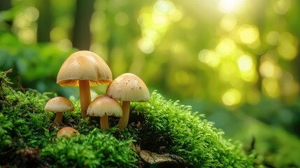 Fototapeta premium Three mushrooms growing on a mossy log in a forest, with a sunlit background and a soft focus effect.
